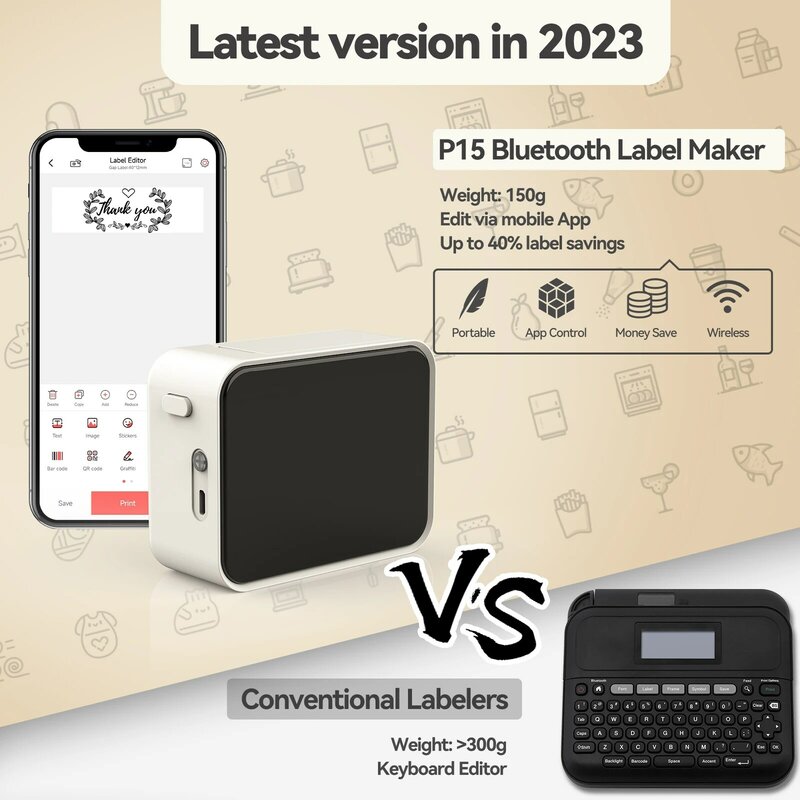Stampante per etichette termica adesiva portatile P15 stampante per etichette adesive Bluetooth senza fili con carta per etichette autoadesiva P15