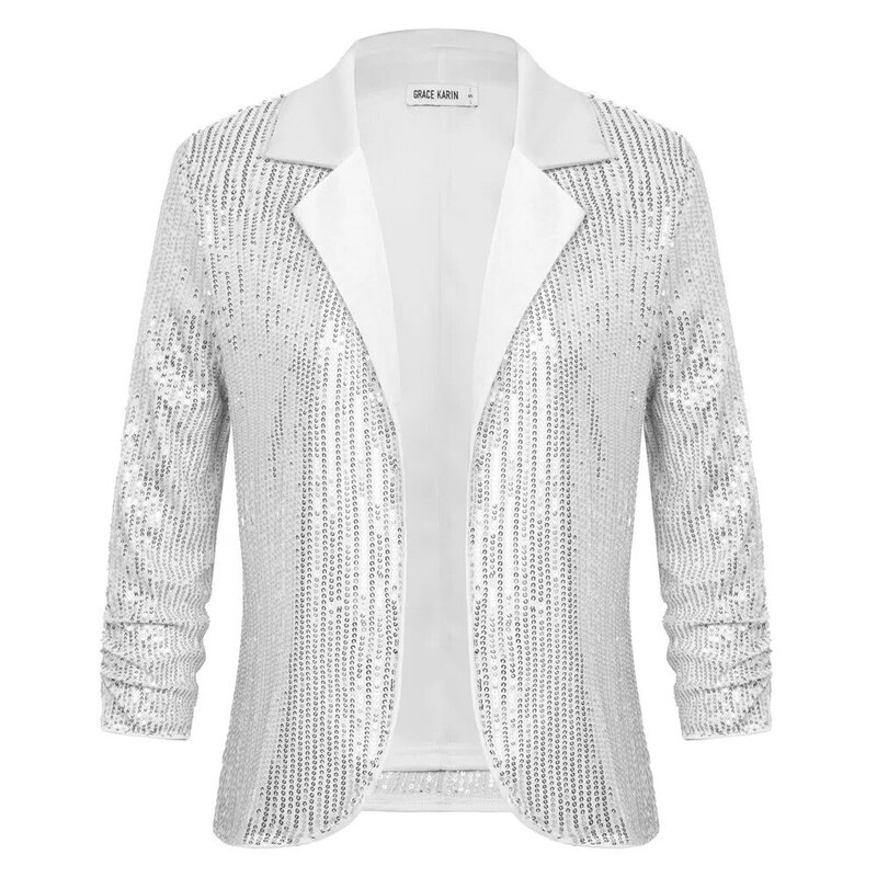 GK Women Sequined Party Blazer Jacket 3/4 Sleeve Lapel Collar Open Front Coat  Casual Work Croppped Cardigan