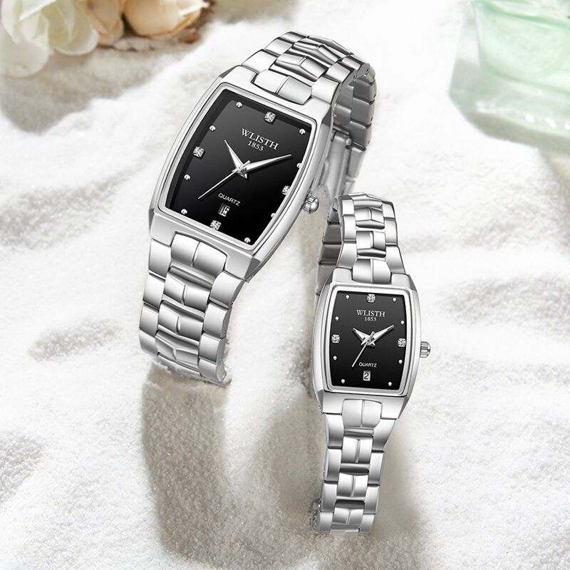 Montre de couple rectangulaire en acier inoxydable pour hommes et femmes, montres-bracelets à quartz, date analogique, mode de luxe, amoureux, or