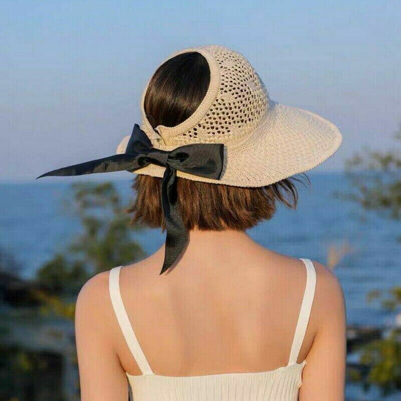 Women Sun Hat Portable Foldable Wide Beach Hat Women Empty Top Visors Cap Bow Tie Breathable Hat Foldable Anti-UV Female Cap