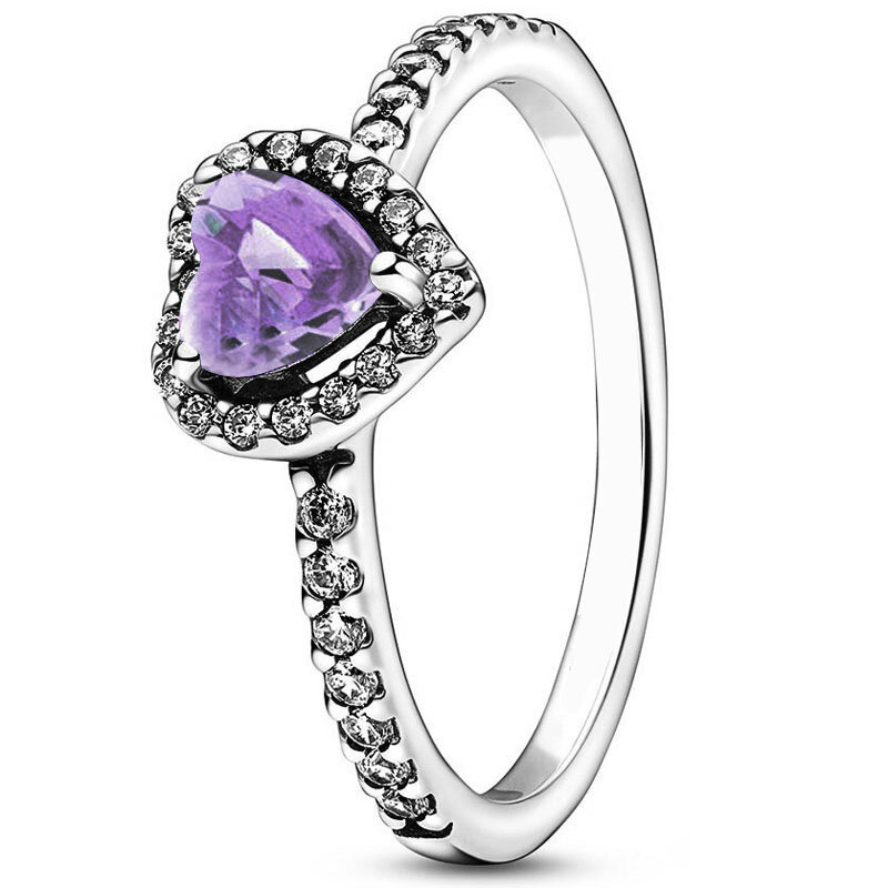 Cincin perak Sterling 925 Hati ditinggikan dengan cincin kristal biru ungu kuning untuk wanita hadiah ulang tahun Valentine perhiasan DIY