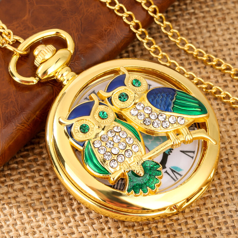 Encantador relógio de bolso de quartzo coruja incrustado de diamante, dourado artesanato arte, corrente oca relógio, camisola pingente, luxo