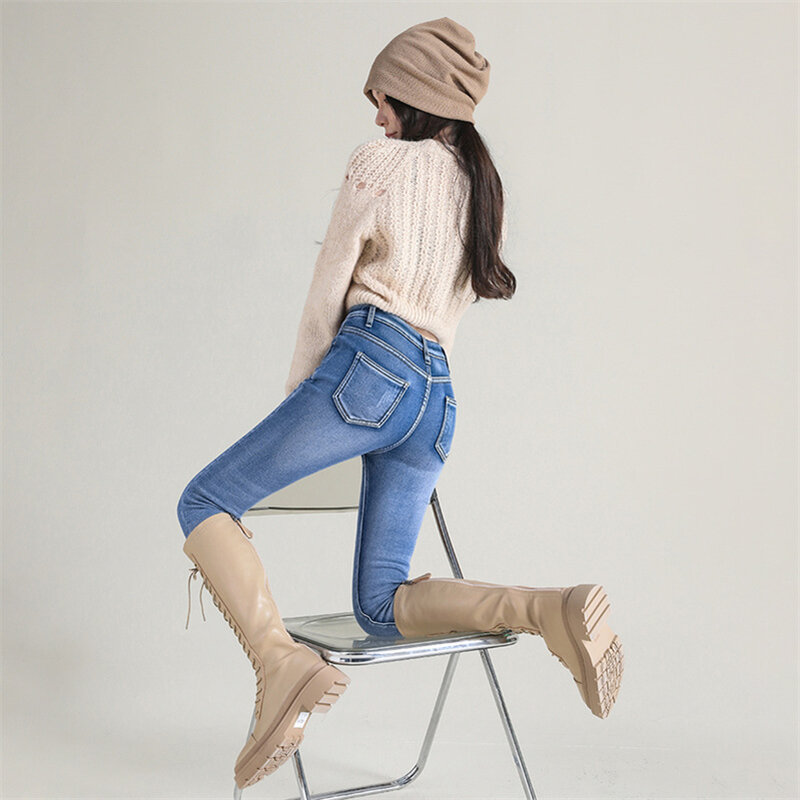 Jeans Termal Wanita Jeans Melar Mewah Salju Musim Dingin Celana Pelajar Bulu Domba Tipis Wanita Celana Panjang Biru Retro Wanita