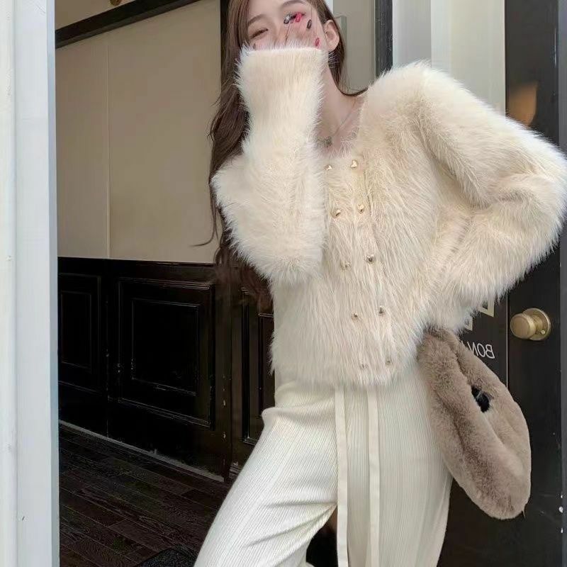 Jaqueta Monocromática Double Breasted Cardigan para mulheres, camisola curta, boutique, novo, inverno