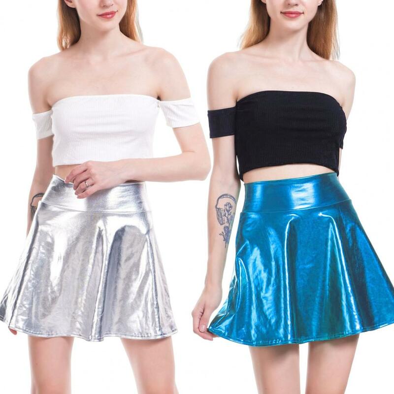 PU Leather Mini Skirt High-Waist Bright Color Women Nightclub Stage Show Skater Skirt Streetwear vestidos