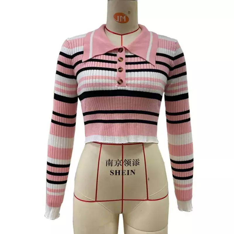 Женский трикотажный свитер в полоску, с отложным воротником и длинным рукавом