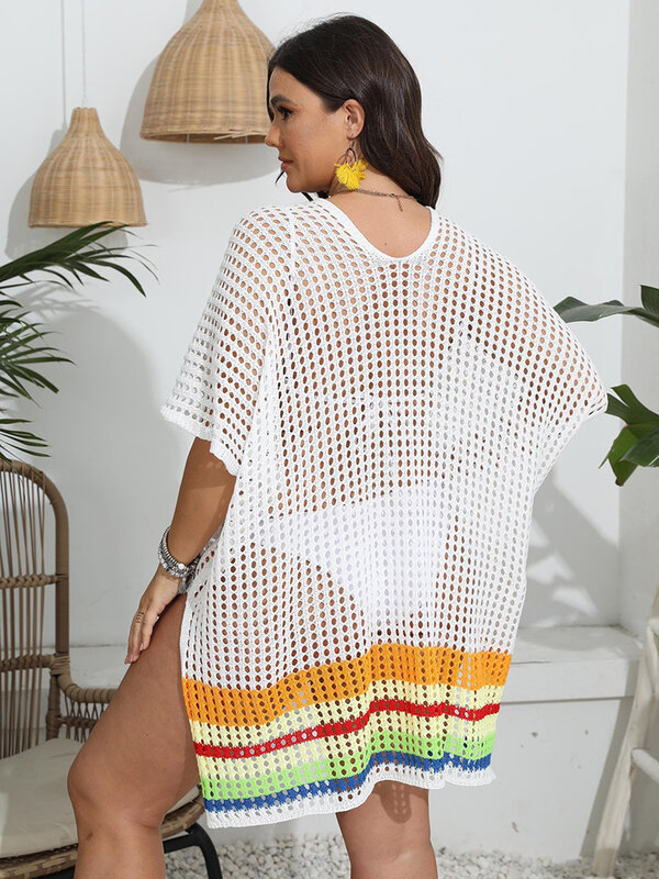 GIBSIE Plus Size Swimsuit Beach Cover Ups for Women 2024 Summer Sexy Hollow out Contrast Tunic Beach Wear Bikini Cover-ups