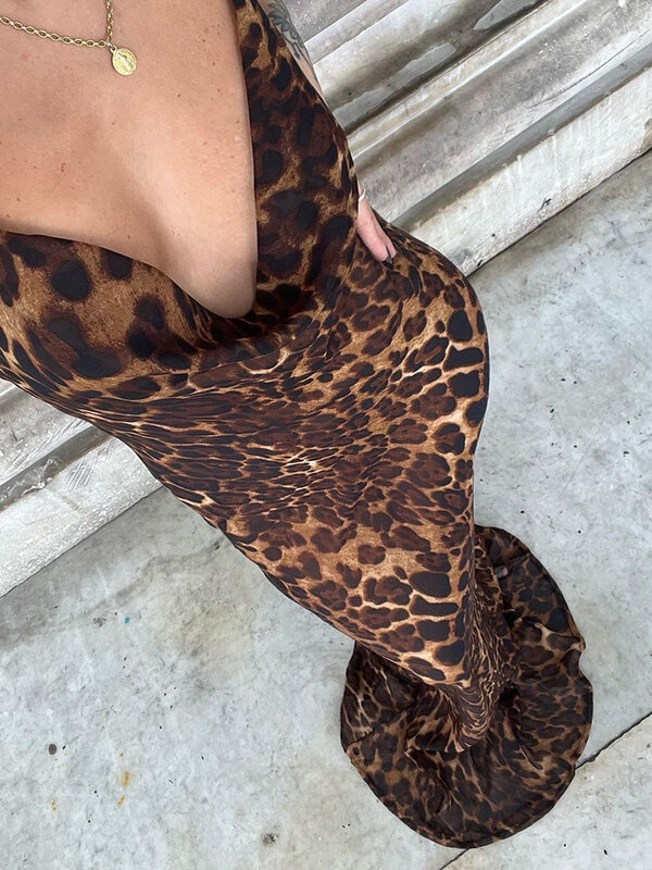 Julissa Mo-Vestido largo con estampado de leopardo para mujer, traje Sexy con escote en V, espalda descubierta y cordones, para fiesta y playa