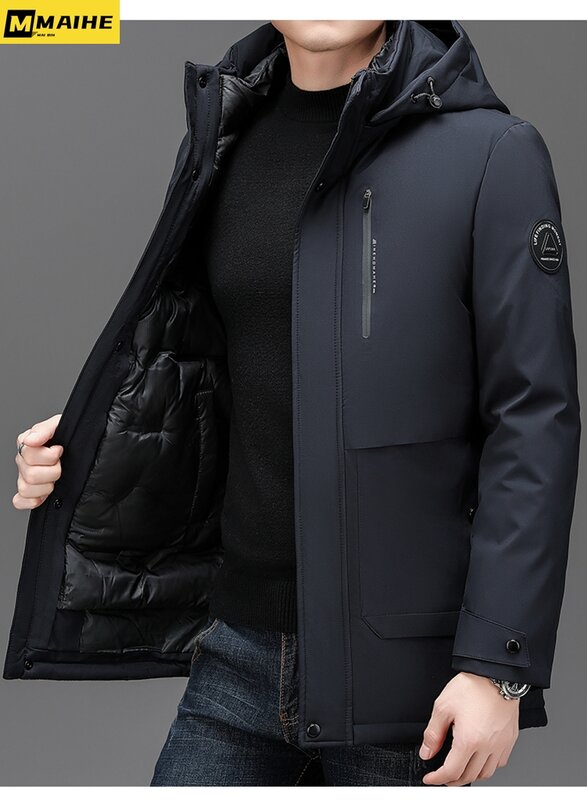 Zimowa bawełniana kurtka męska średniej długości ciepła odpinana podszewka zagęszczona płaszczka modna biznesowa męska kurtka Plus Size