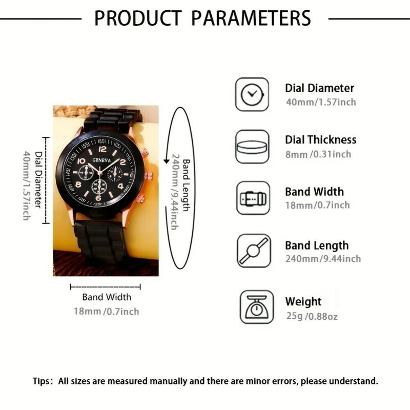 Reloj de cuarzo de goma para hombre y mujer, accesorio de pulsera minimalista, a la moda, color blanco y negro, 2 piezas