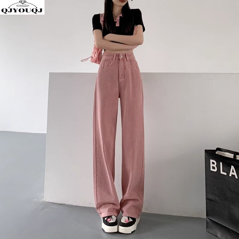 Джинсы Розовые узкие с широкими штанинами, свободные прямые джинсы с высокой талией, лето 2024