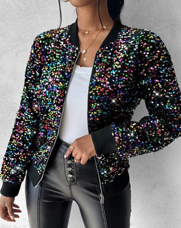 여성용 다채로운 올오버 스팽글 지퍼 디자인 재킷, 캐주얼 야구 칼라, 긴팔 데일리 코트, 용수철 가을 패션