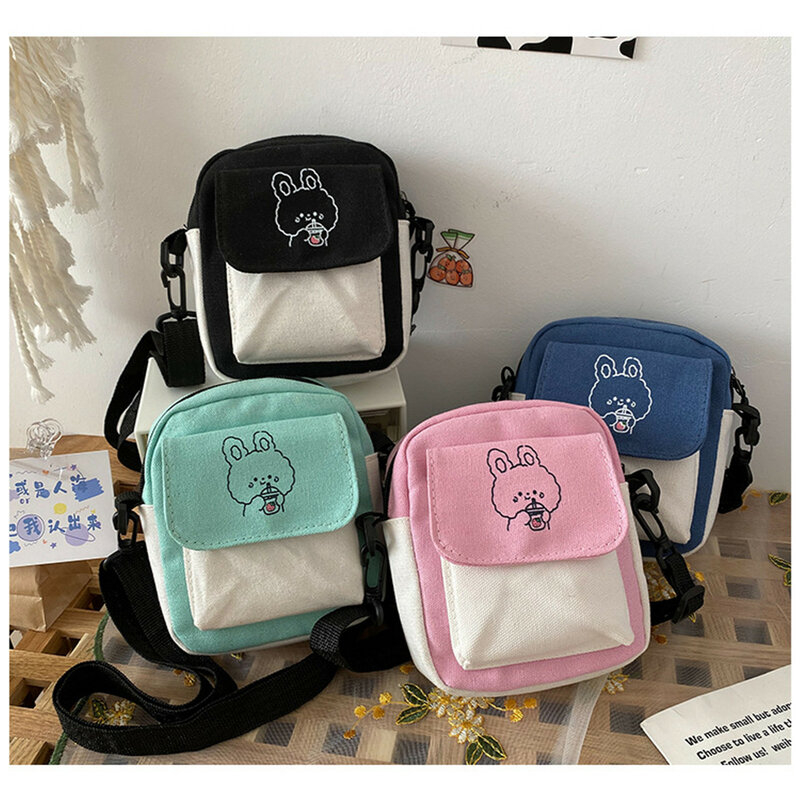 1Pc Canvas Shoulder Women's Bag Small Korean Fashion Messenger Crossbody Bag for Girl Students Cotton Cloth Female Handbags