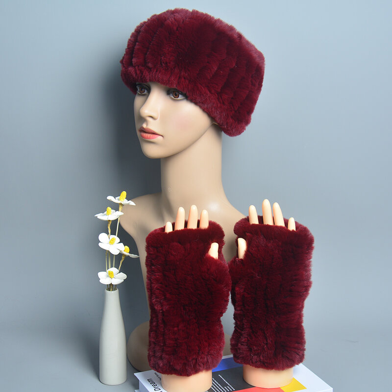One Set Women Real Rex Rabbit Fur Cuff+Headband Winter Warmer Hat Arm Wrist Sleeve Gloves Female Real Fur Cap+Elastic Wristband