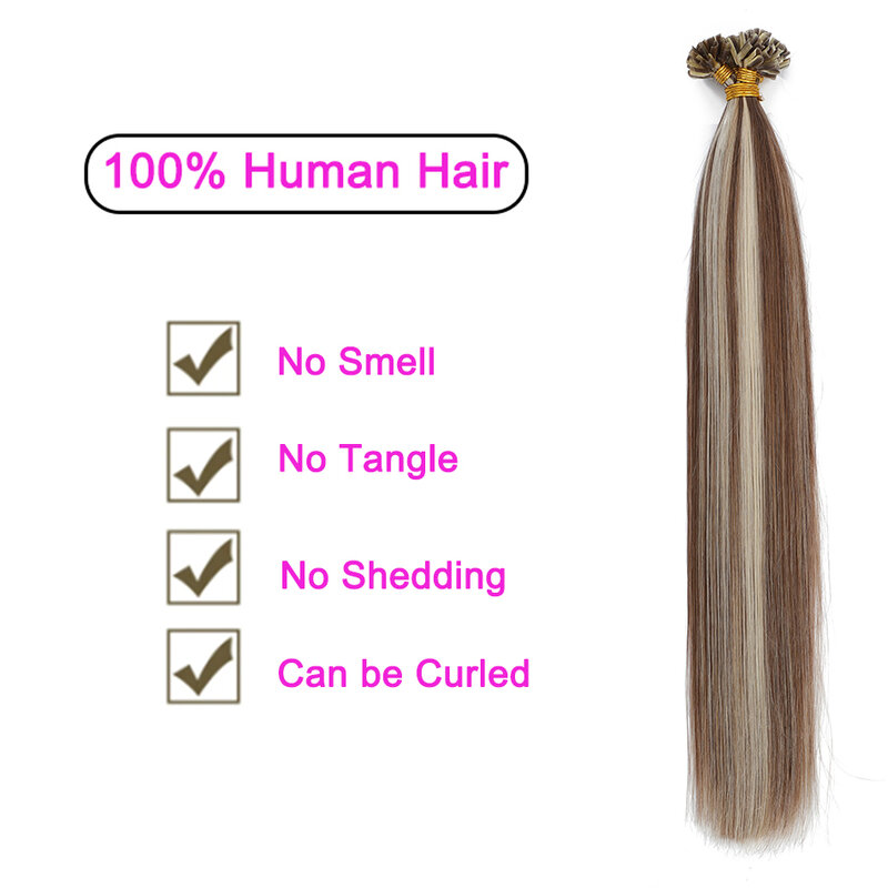 女性のための人間の髪の毛のエクステンション,滑らかなケラチン,事前に接着された人間の髪の毛,栄養のあるヘアエクステンション,ダークブラウン,ブロンド