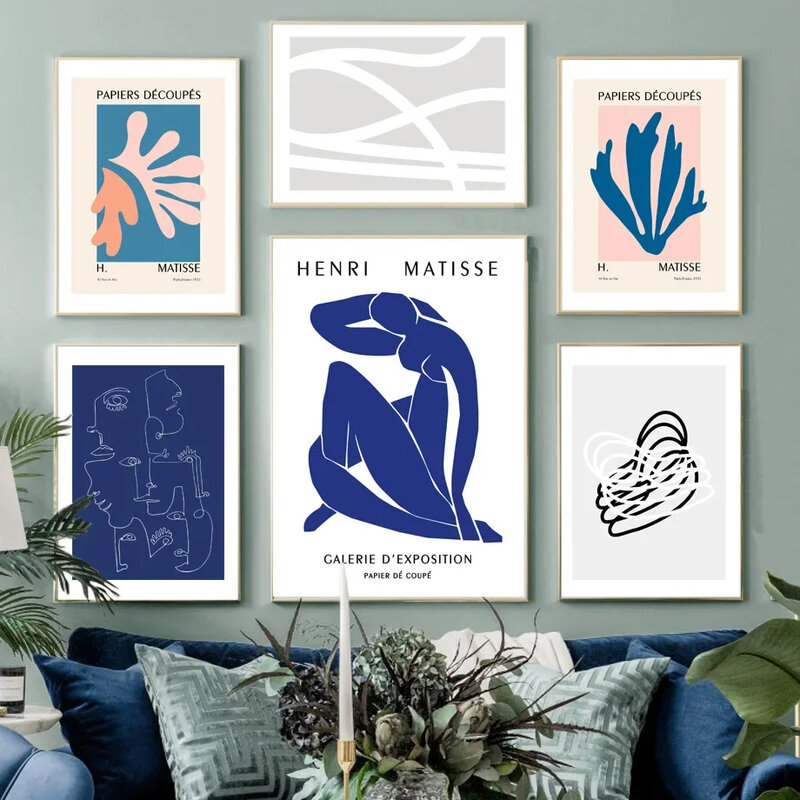 Matisse niebieska abstrakcyjna linia kobieta liść obraz ścienny na płótnie nordycki plakaty i druki obraz ścienny do wystroju domu salonu