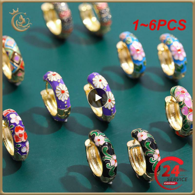 1 ~ 6 pezzi Boho multicolore smalto fiore orecchini a cerchio per le donne Vintage goccia olio Color oro cerchio orecchini rotondi gioielli dichiarazione