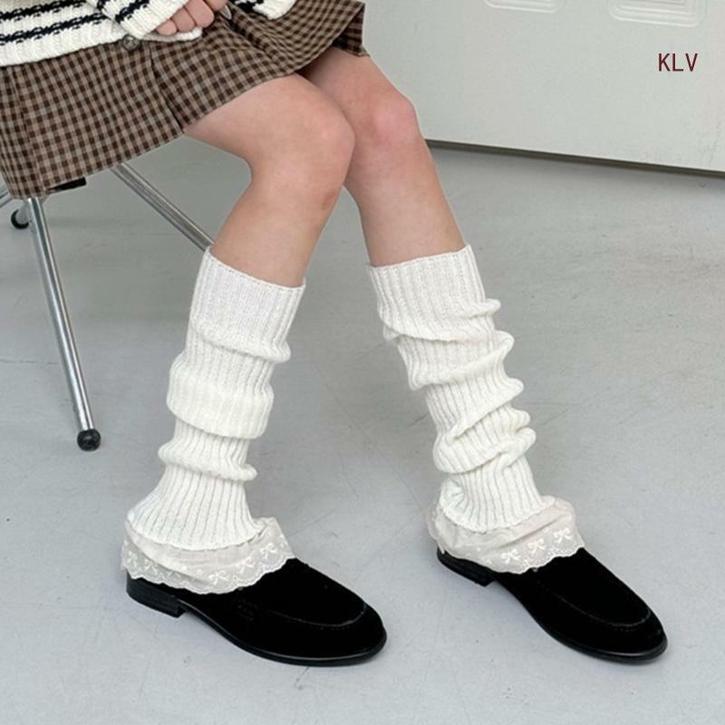 Jambières en tricot côtelé pour femmes japonaises, chaussettes longues avec ourlet en dentelle à volants, couleur unie, 6XDA