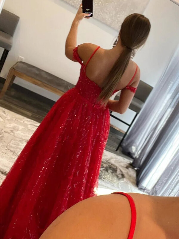 VENUS Sexy Spaghetti Strap Prom Gown For Women A-Line Beading Formal Dress Off The Shoulder Evening Dress Open Leg Party Dress
