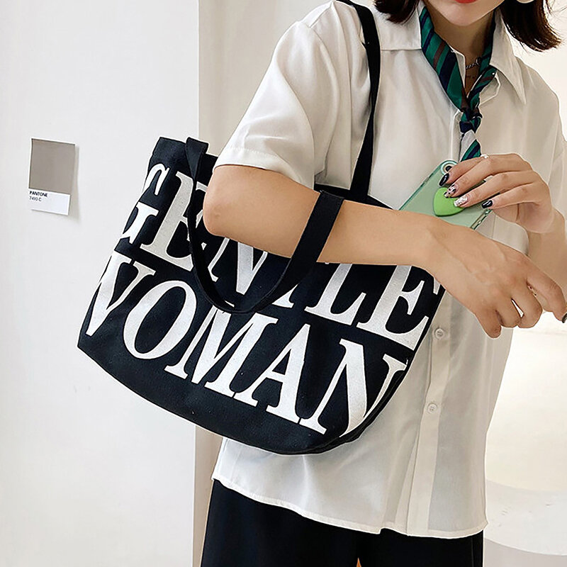 Creative Korean Style Fashion Canvas Tote Bag Casual Shoulder Bag Slogan English Letter Simple Large Capacity Crossbody Bag