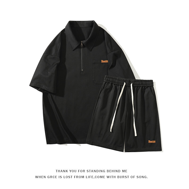 남성용 라펠 칼라 지퍼 반팔 티셔츠 세트, 트렌디한 5 점 반팔, 한국 스타일 속옷, 2024 여름 신상