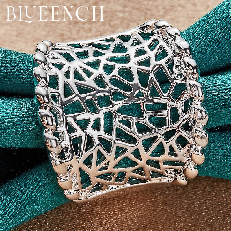 Blueench 925 Sterling Silver Wide Face Hollowed-Out Ring Is Suitable For Women'S Wedding Party Fashion Jewelry