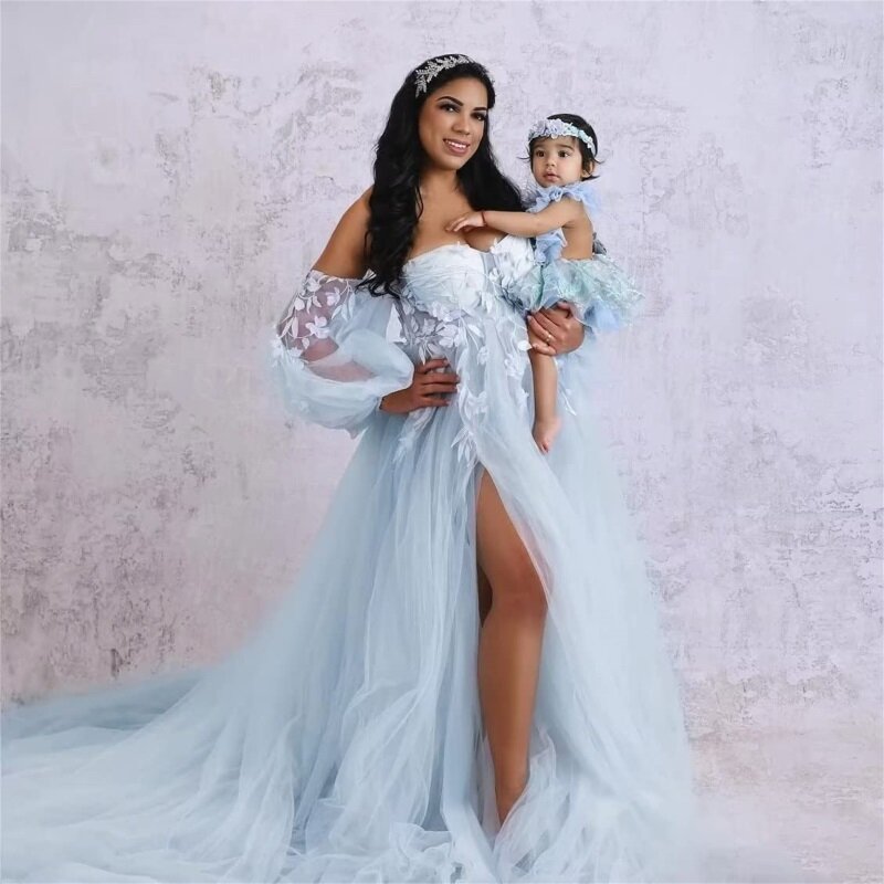 Gaun bersalin biru abu-abu untuk pemotretan bayi Shower 3D Applique bunga bahu gaun Prom pengantin wanita hamil