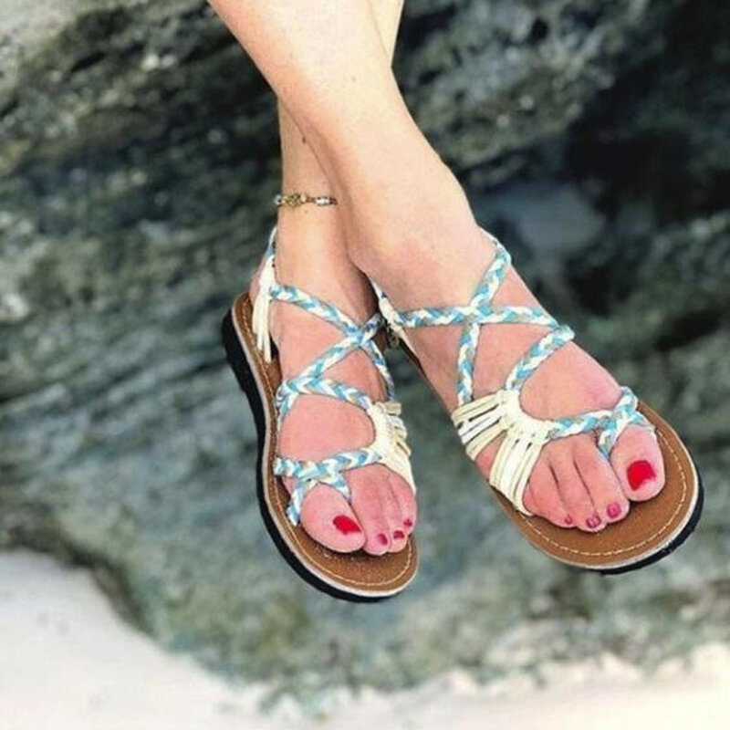 Sandalias planas de Punta cerrada para mujer, zapatos de verano con nudo de cuerda, informales, talla grande