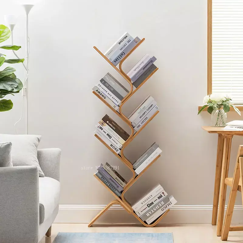 Rak buku berbentuk pohon dan rak penyimpanan kayu Solid lantai minimalis siswa banyak lapisan penyimpanan rak buku sempit rak buku Dinding