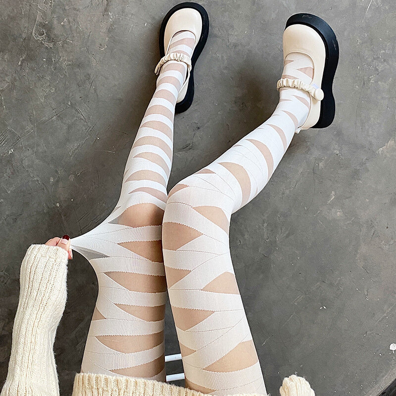 Japanese Cross Strap Stockings Blcak White Pantyhose Jk Silk Tights Bandage Thin Stockings