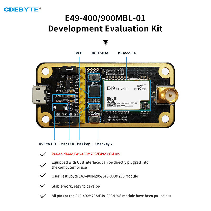 Utilisation facile sans fil de carte de test de technologie de CMT2300A 868/915MHz CDEBYTE E49-900MBL-01 pré-soudé E49-900M20S le kit d'essai petd'USB