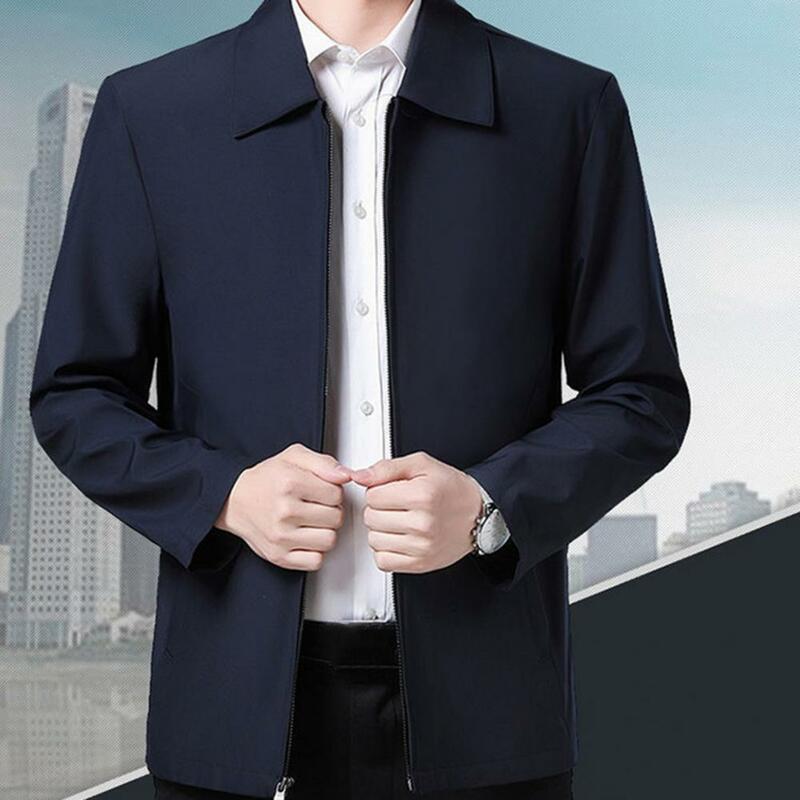 Men Coat Smooth Zipper Lapel Collar Solid Color Middle-aged Men Casual Jackets for Cold Weather