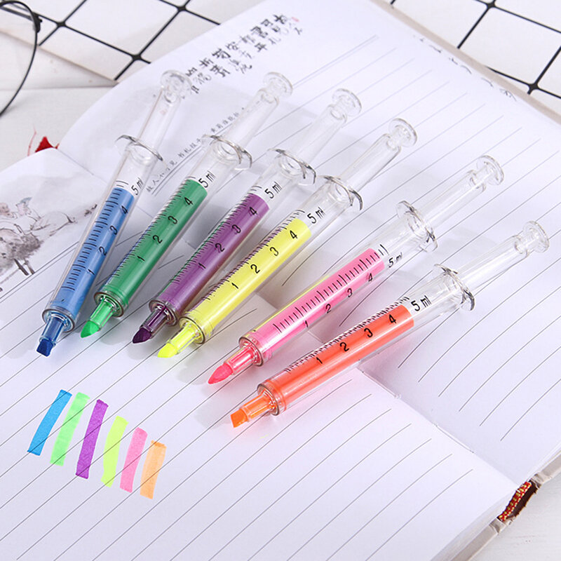 Syringe 6-color Slanted Head Fluorescent Pens Retractable Fun Pen For Student School Supplies Birthdays Toy Party Favor Gifts