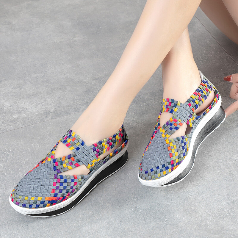 Strong shen Frauen hand gefertigte gewebte Schuhe flache Plattform lässige Slipper schlüpfen auf atmungsaktiven Walking Sneakers Mode Tenis 4,5 cm Höhe
