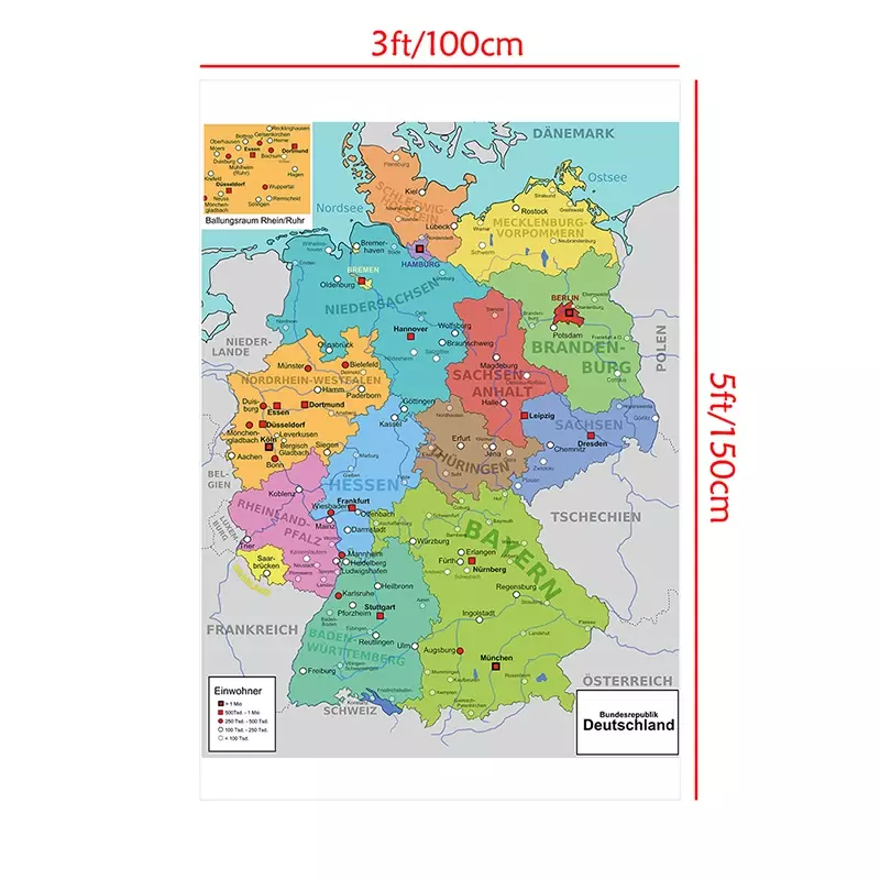 100*150Cm Peta Jerman Di Jerman Lukisan Kanvas Non-woven Dinding Peta Administrasi Tanpa Bingkai Cetak Dekorasi Rumah