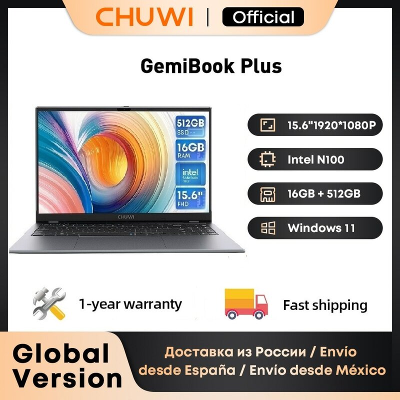 CHUWI-GemiBook Plus كمبيوتر محمول ، 15.6 "، 16GB RAM ، 512GB SSD ، إنتل ، Alder Lake ، N100 ، 12th Gen ، حتى 3.4GHz