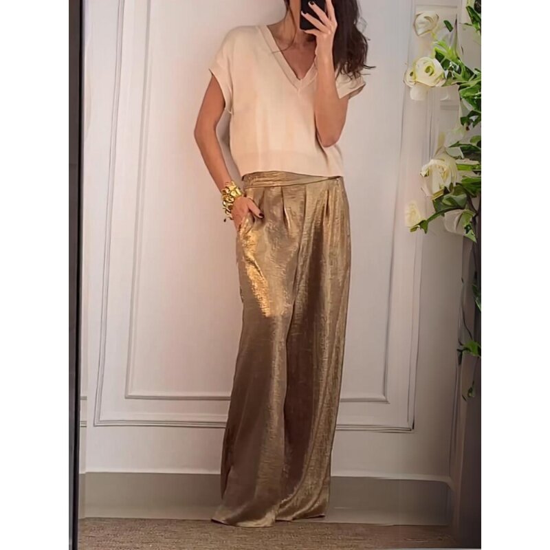Summer Fashion Two Piece Set Women Casual Solid Bright Silk Top Wide Leg Pant Two Piece Set Women