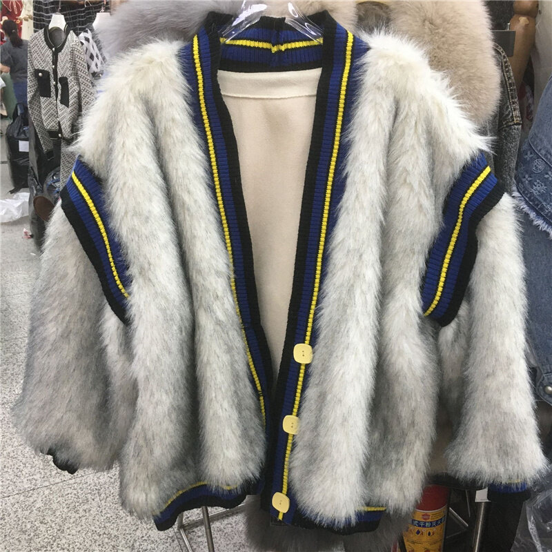 새로운 패션 세련된 패치 워크 니트 모조 모피 코트 긴 소매 따뜻한 캐주얼 양면 인조 모피 재킷 여성용, 겨울, 2023