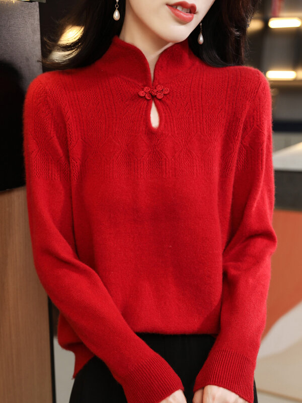 Frühling Herbst Damen Mock Neck Aushöhlung Pullover chinesischen Stil Schnalle Kaschmir pullover 100% Merinowolle gestrickt Langarm