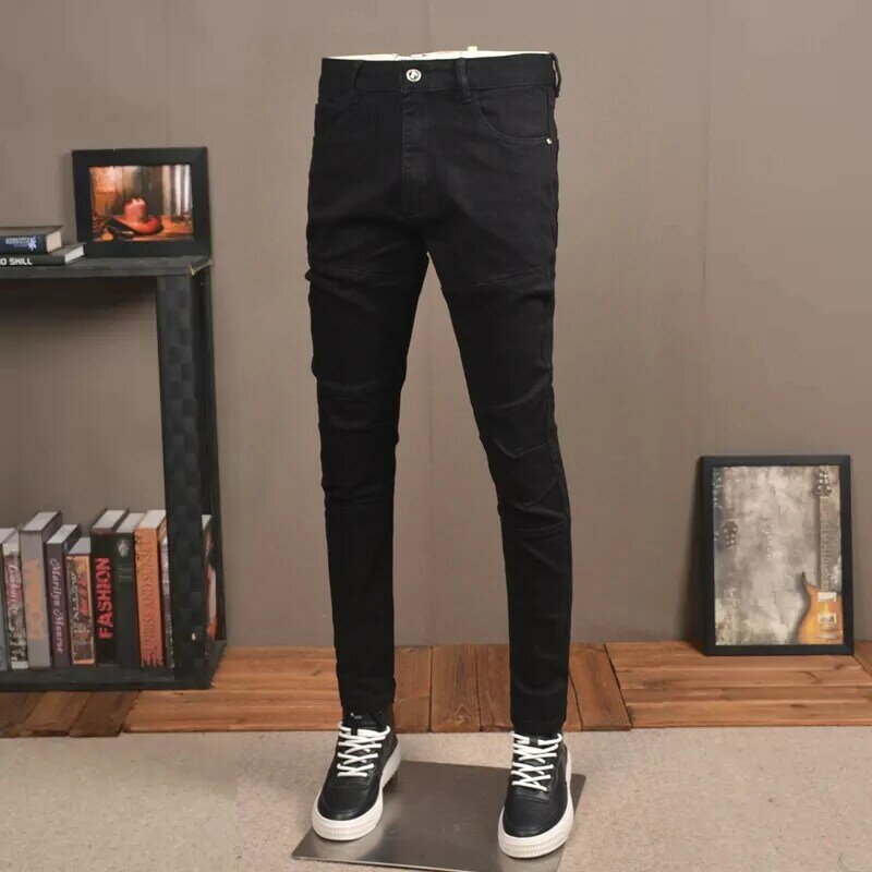Джинсы мужские Стрейчевые облегающие, уличная одежда, модные дизайнерские байкерские джинсы с соединением, черного цвета, на молнии, с карманами, в стиле хип-хоп