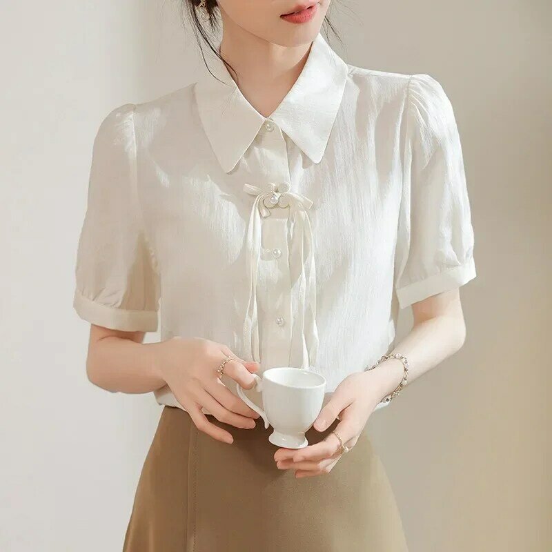 Шифоновая женская рубашка, летняя винтажная однотонная блузка, свободные женские топы в китайском стиле, модная одежда с коротким рукавом YCMYUNYAN