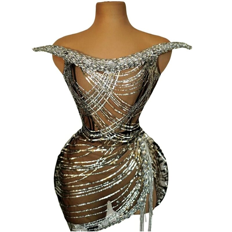 Shinning paillettes Mesh Sheer See Thru Dress For Women 2024 New Night Club Wear Party Dance Groop Costume