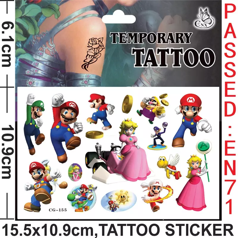 Pegatinas de tatuaje de Mario impermeables, calcomanías bonitas de Mario, suministros de fiesta de cumpleaños de Anime, decoración para niños, mujeres y hombres, regalos