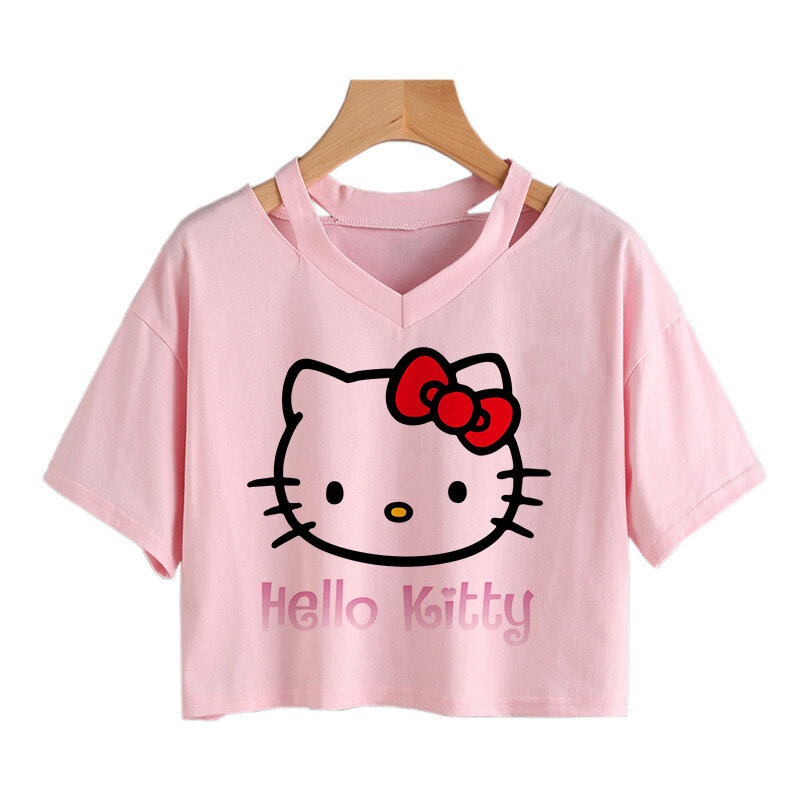 2024 Fashion Crop Top Hello Kitty T-Shirt Kawaii T Shirt Sanrio Casual Tshirt vestiti Y2k Cropped Tee Shirt Top