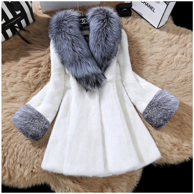 Imitation Mink Mid Length Fox Fur Collar Autumn and Winter Fashion Slim Fit Fur Coat