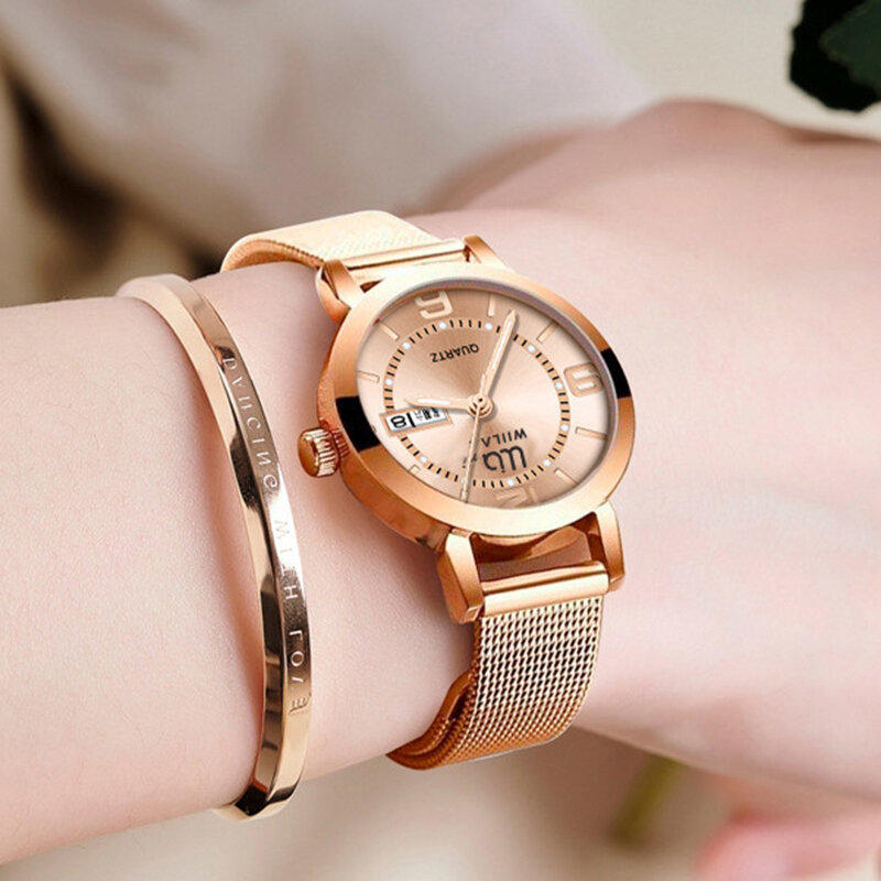 Relojes de marca para mujer, correa de acero inoxidable, reloj de oro rosa, joyería de cuarzo, reloj de moda impermeable