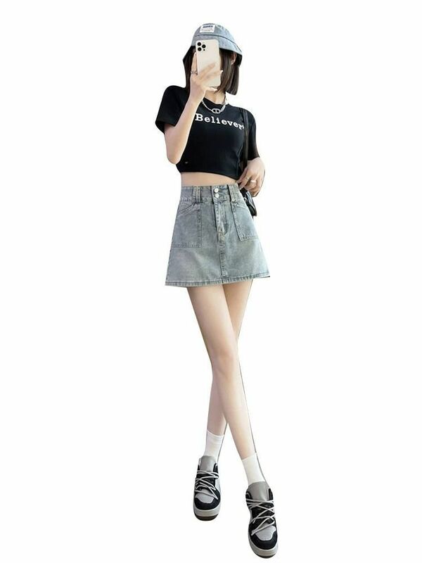 Rok Denim versi Korea pinggang tinggi, rok Denim A-line wanita musim semi/Panas 2024, rok pendek pinggul ketat
