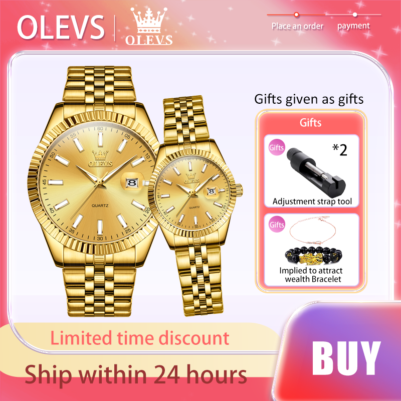 Olevs-男性と女性のためのステンレス鋼ストラップクォーツ時計、オリジナルのカップルの時計、高級ブレスレット、ゴールド、オーバーギフト、ロマンチックなギフト