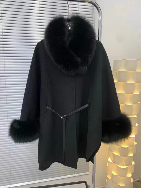 Abrigo de lana con cuello de piel de zorro para mujer, ropa de calle de 3 colores, con mangas de murciélago, holgado, con cinta larga, cálido, 80%