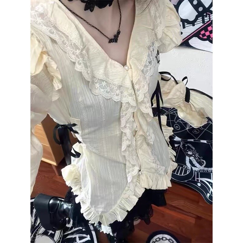 Deeptown-Blusa gótica Y2k para mujer, camisa estética Irregular, Vintage, cuello en V, Grunge, japonés, Harajuku, Lolita